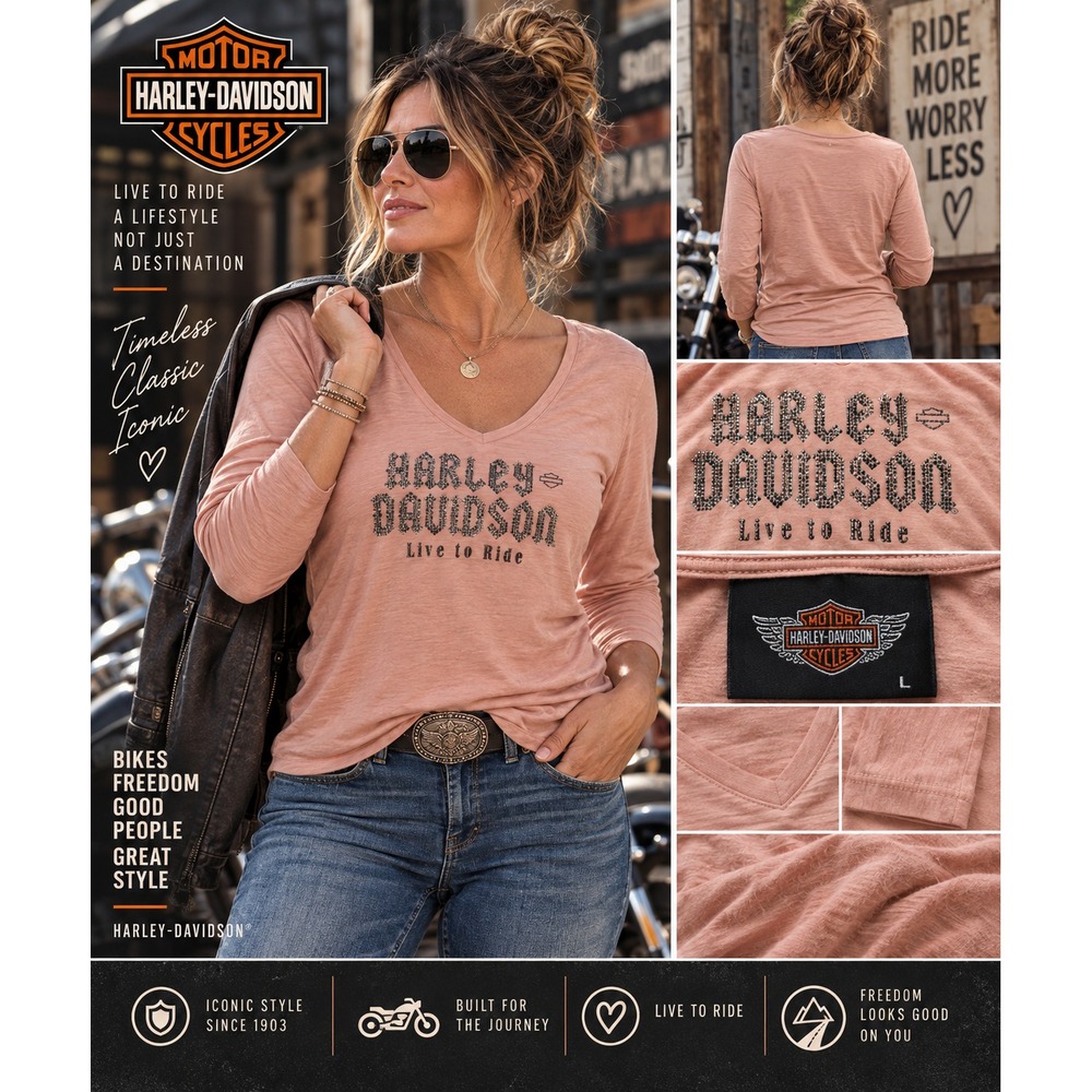 Harley-Davidson Women L Pink Rhinestone Live To Ride V Neck Made USA Graphic Tee